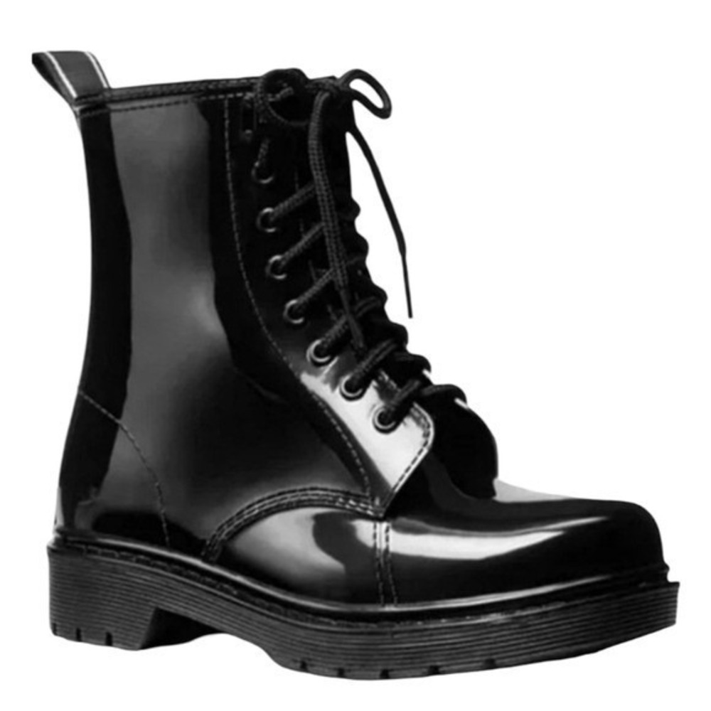 Michael Kors' Tavie‎ rain booties Black Lace Up Combat Boots Logo Pull Tab 7 New - Picture 13 of 16